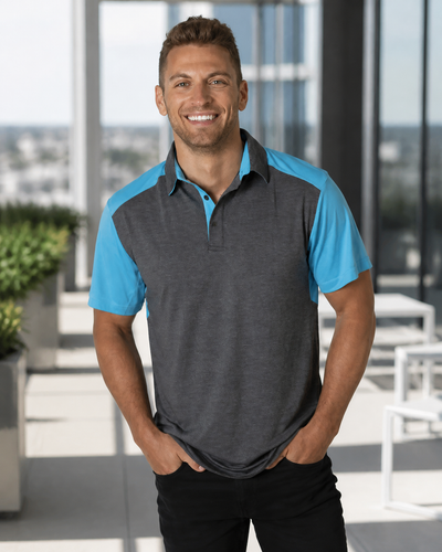 Male model wearing Soft Touch Shoulder Polo