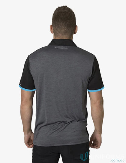 Gray and black polo shirt from Soft Touch Stripe Polo with aegis microbe shield and cooldry moisture management