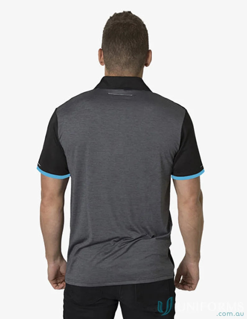 Gray and black polo shirt from Soft Touch Stripe Polo with aegis microbe shield and cooldry moisture management