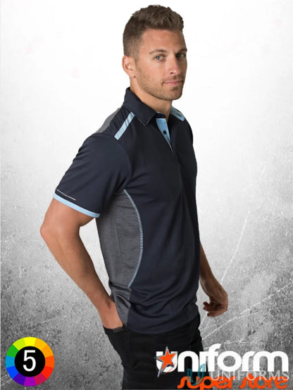 Soft Touch Stripe Polo in navy and gray with aegis microbe shield and cooldry moisture management