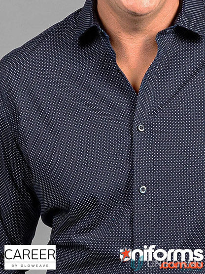 Dark blue SOHO Dot Print LS Shirt with silk protein finish and subtle white polka dots