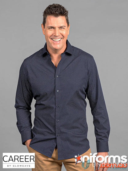 Smiling man wearing SOHO Dot Print LS Shirt with silk protein finish in navy blue