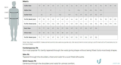 Men’s clothing size chart for SOHO Dot Print LS Shirt with silk protein finish