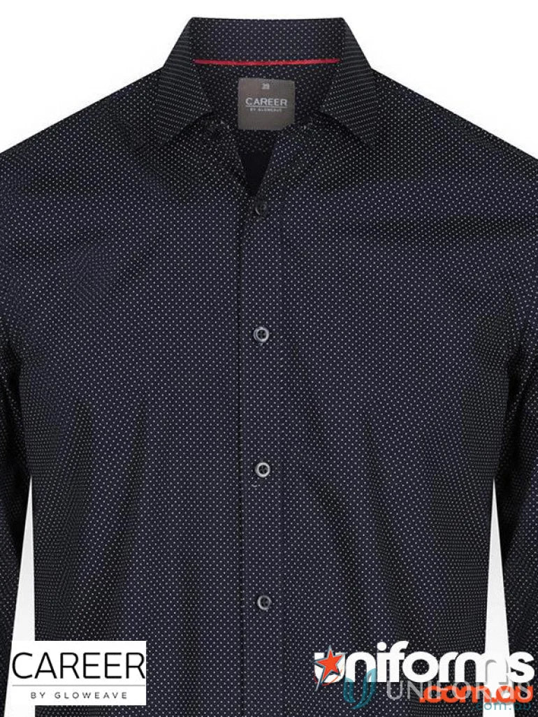 Men’s navy SOHO Dot Print LS Shirt with silk protein finish and white polka dots