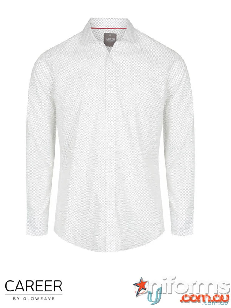 Men’s white SOHO Dot Print LS Shirt with subtle polka dots and silk protein finish