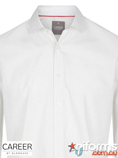 White SOHO Dot Print LS Shirt with silk protein finish and subtle black polka dots