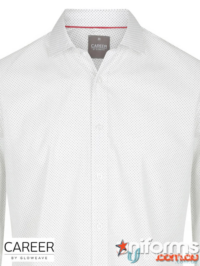 White SOHO Dot Print LS Shirt with silk protein finish and subtle black polka dots