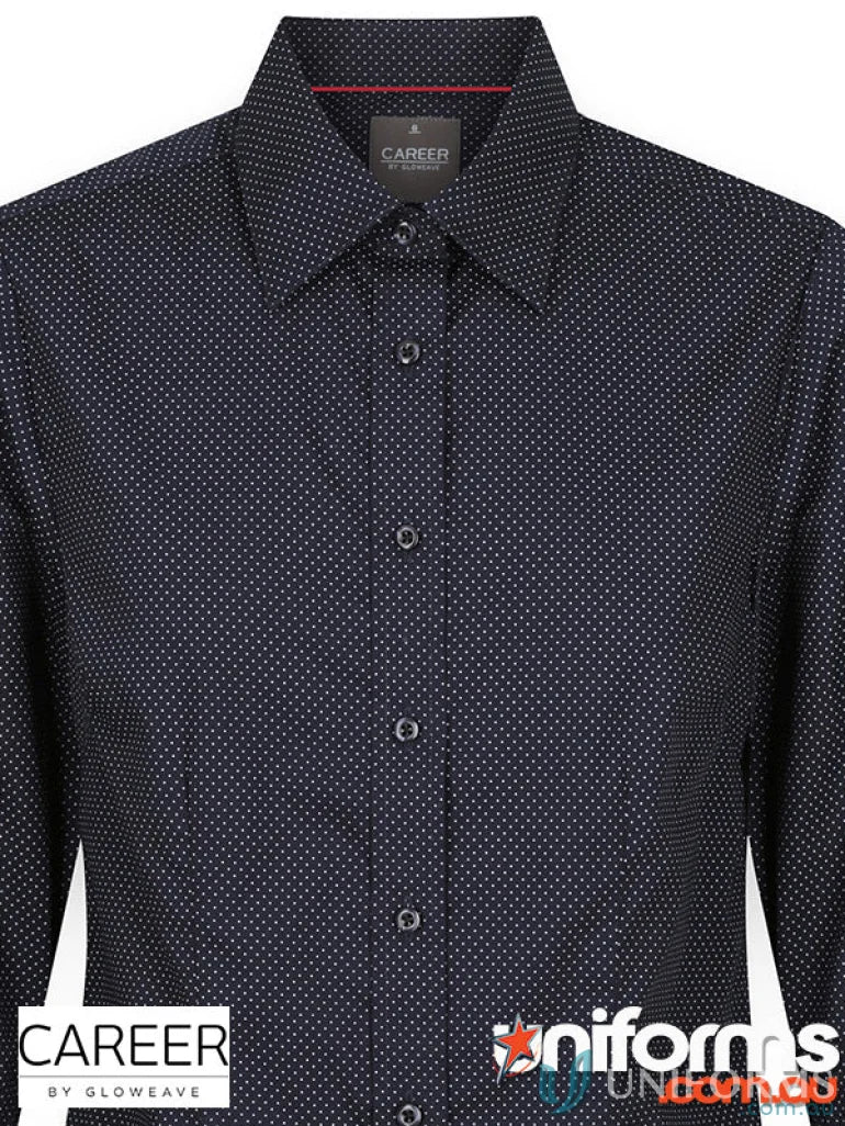 SOHO Ladies Dot Print 3Qtr Shirt in dark blue with white dots, easy iron silk protein feel