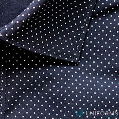 SOHO Ladies Dot Print 3Qtr Shirt with dark blue polka dots and easy iron silk protein fabric