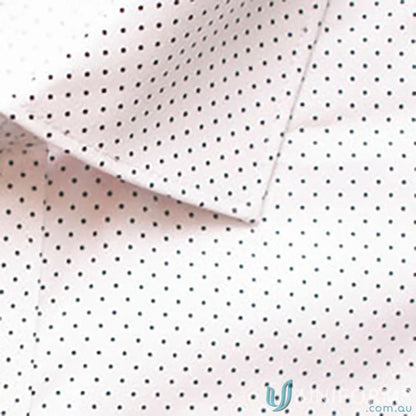 White fabric with black dot print from SOHO Ladies Dot Print 3Qtr Shirt, easy iron silk protein
