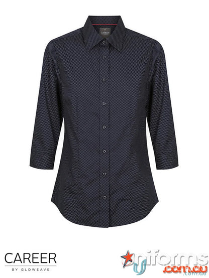 SOHO Ladies Dot Print 3Qtr Shirt with easy iron navy blue silk protein fabric