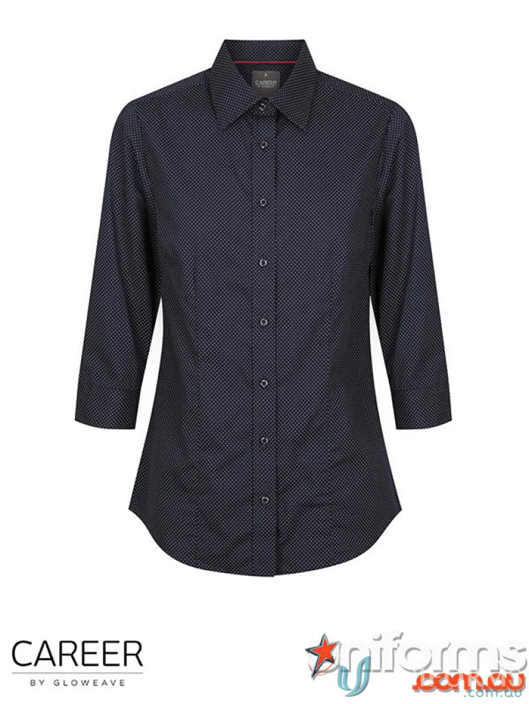 SOHO Ladies Dot Print 3Qtr Shirt with easy iron navy blue silk protein fabric