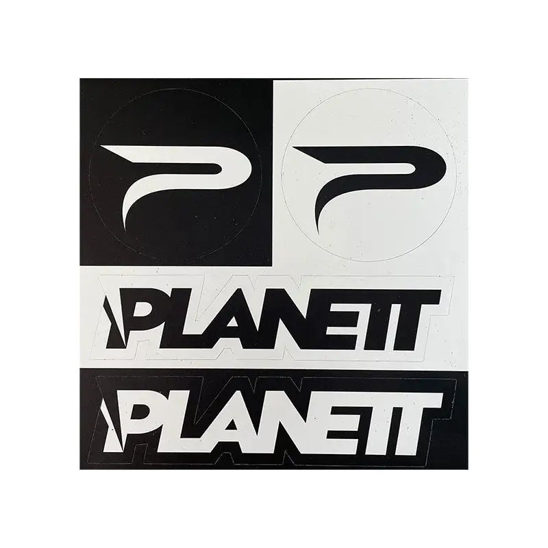 Black and white planett brand sticker sheet with bold p logo perfect for customizing uniforms and workwear essentials