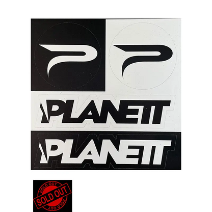 Planett black and white sticker sheet with bold lettering details