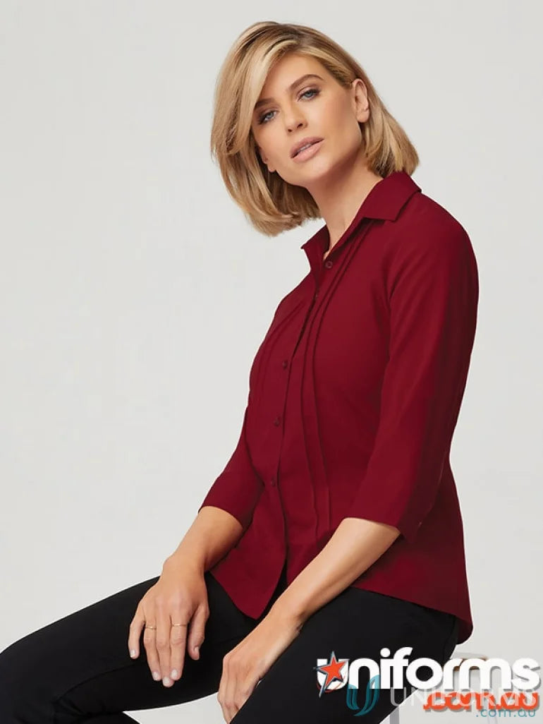 Burgundy collared blouse with three-quarter sleeves from the Sophia Top perfect for work fit and fabric style