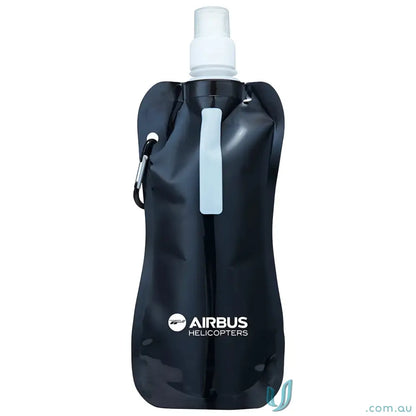 Black collapsible water pouch with carabiner clip for 500ml collapsible water needs