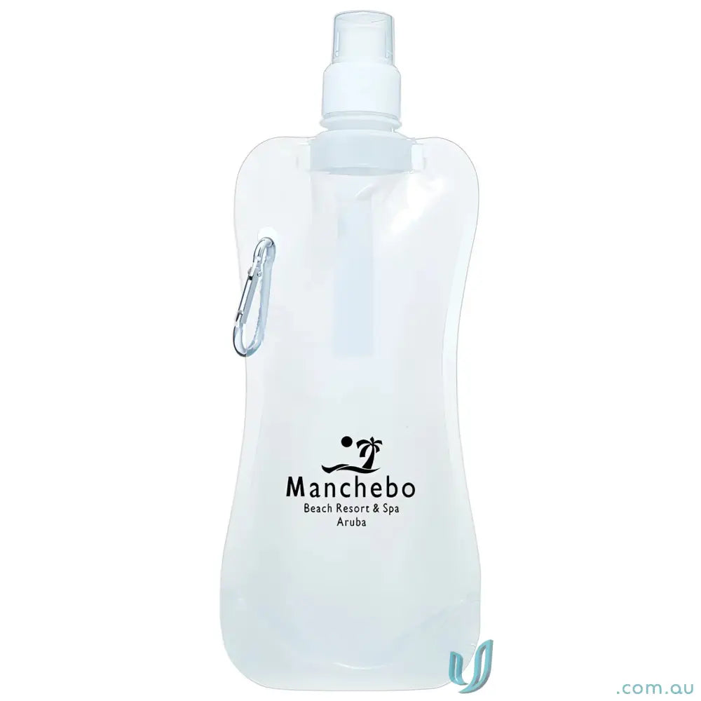 Clear 500ml collapsible water pouch with carabiner clip for easy hydration on the go