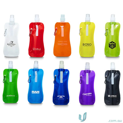 Colorful 500ml collapsible water pouch with Carabiner clip for easy carrying