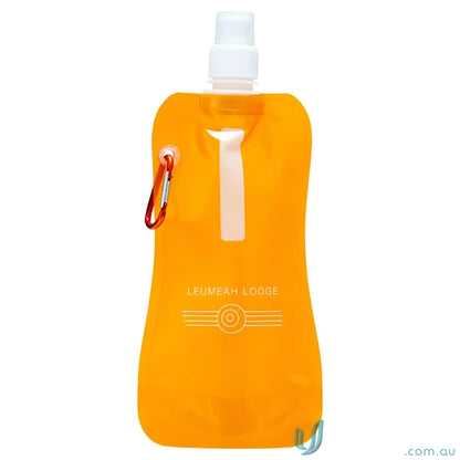 Orange 500ml collapsible water pouch with carabiner clip for easy hydration