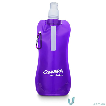 Purple 500ml collapsible water pouch with carabiner clip for easy carrying