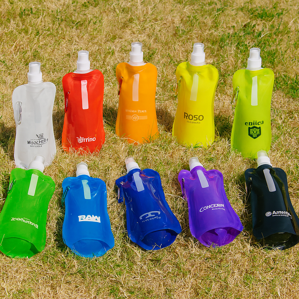 Colorful Sorento 500ml water pouches in vibrant hues with spray nozzles