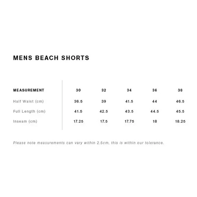 Sorrento beach shorts size chart shows waist inseam and length for sizes 30 to 38 perfect for workwear uniforms