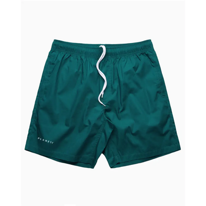 Green Sorrento Beach Shorts with white drawstring and logo