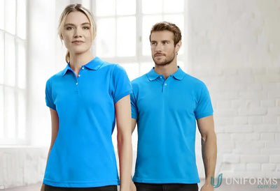 Two people wearing blue Sorrento Polo shirts from Biz Collection mens neon short sleeve polo line