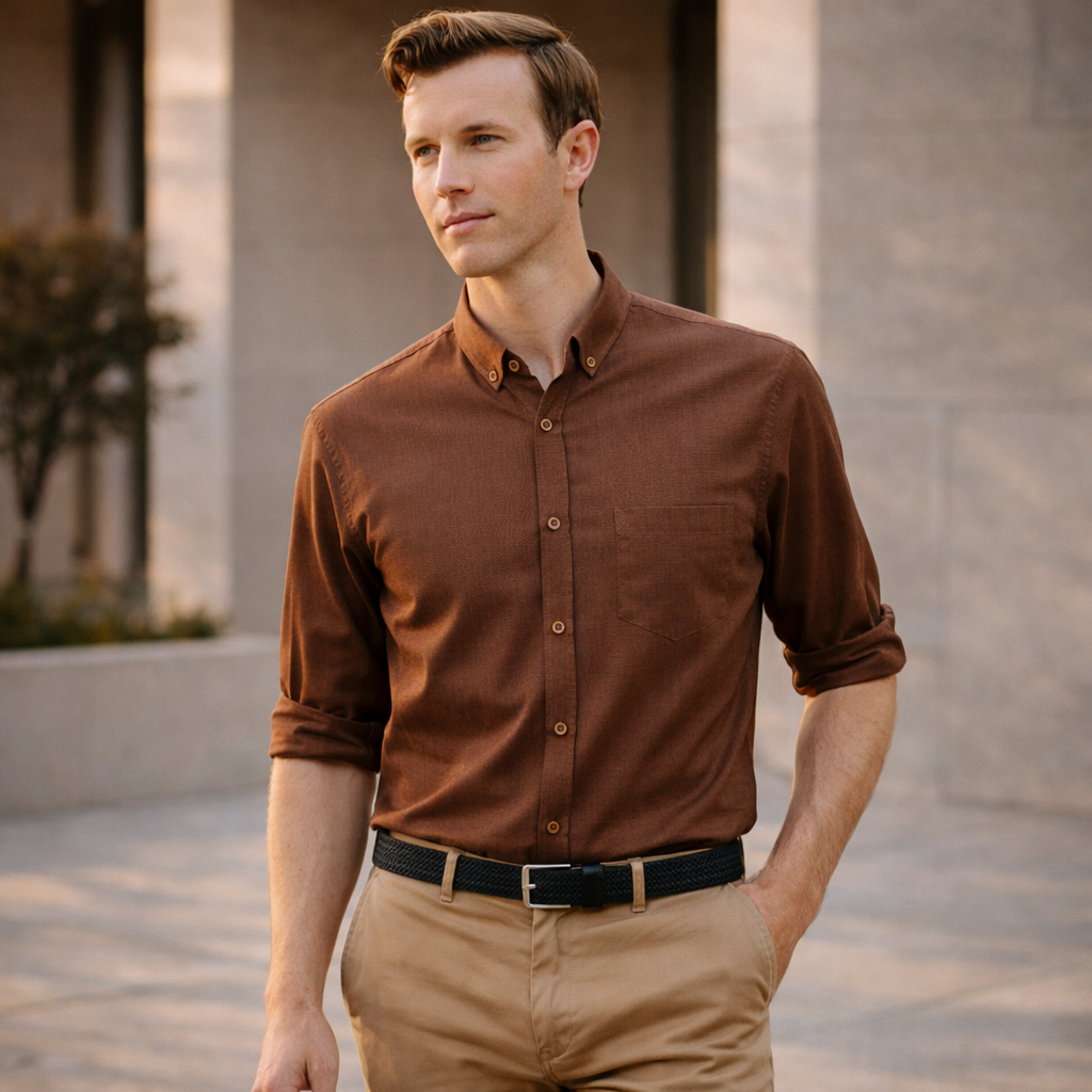 Soul LS Shirt: brown long sleeve shirt with rolled sleeves and chest pocket