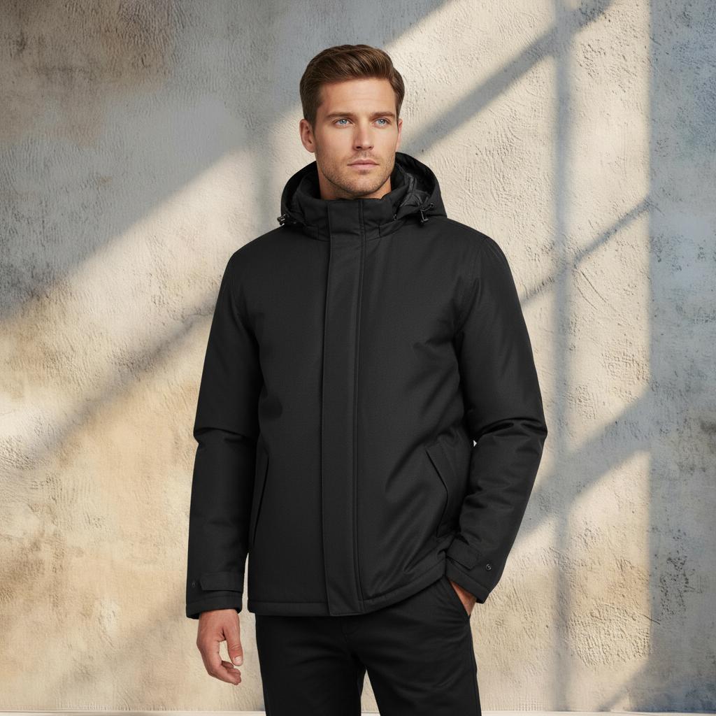 Black Southern Lands Jacket with hood, zipper, adjustable sleeve openings