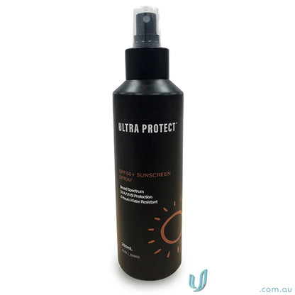 Black sunscreen spray bottle for high SPF sun protection and even skin coverage