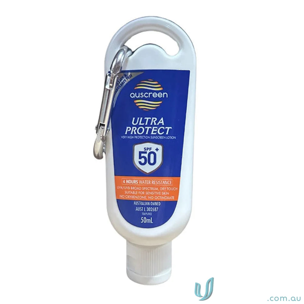 High SPF 50+ Sunscreen Lotion with Carabiner clip for on-the-go sun protection