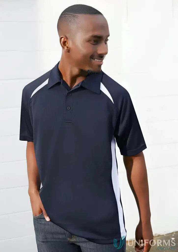 Men’s navy blue splice polo shirt with white shoulder and side panels from Biz Collection Splice