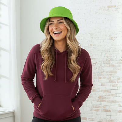 Youth burgundy fleece-lined hoodie with green brushed sports twill bucket hat