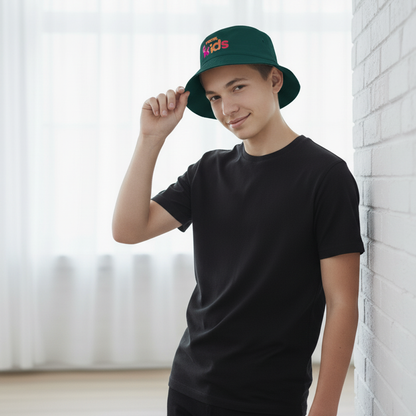 Sporties Twill Bucket Hat Youth in green with kids text and sun protection wide brim