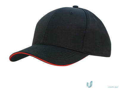 Black baseball cap with red trim from Sports Ripstop Sandwich Cap high stock range