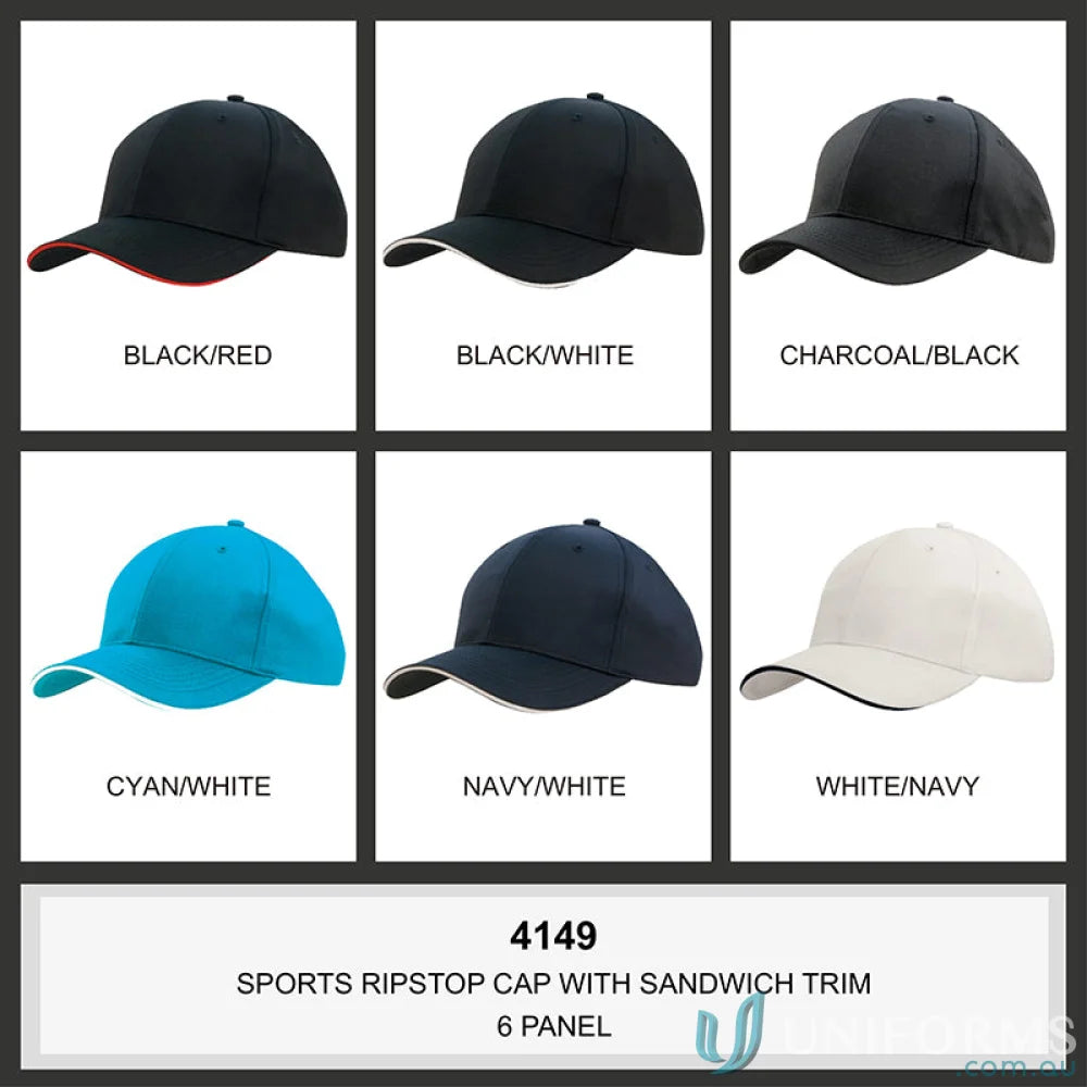 Six colorful Sports Ripstop Sandwich Caps in high stock range for wide centimeter days