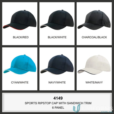 Six colorful Sports Ripstop Sandwich Caps in high stock range for wide centimeter days