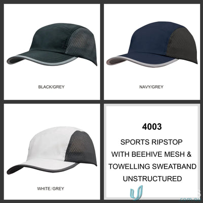 Sports ripstop hats with beehive mesh and towelling sweatband for uniforms and workwear