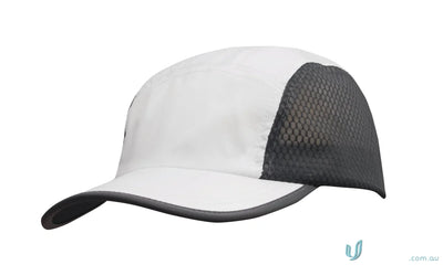 White and gray baseball cap from Sports Ripstop workwear with bee hive mesh faq link