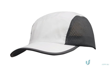 White and gray baseball cap from Sports Ripstop workwear with bee hive mesh faq link