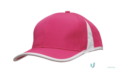 Vibrant pink baseball cap with white trim, perfect for uniforms or workwear, FAQ link