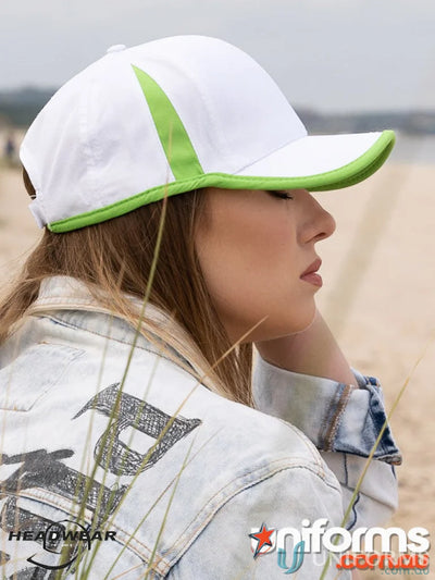 White baseball cap with green brim and stripe from Sports Ripstop workwear FAQ link