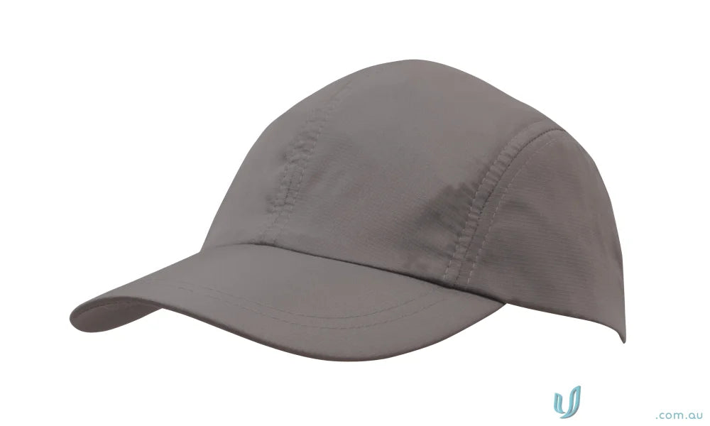 Lightweight grey five-panel baseball cap with embroidered logo, perfect for workwear or uniforms