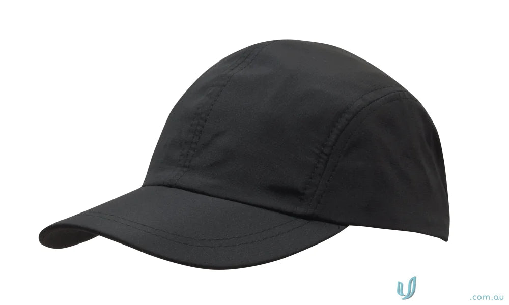 Plain black five-panel baseball cap with curved brim, perfect for workwear or uniforms