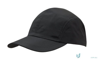 Plain black five-panel baseball cap with curved brim, perfect for workwear or uniforms