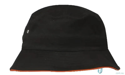 Black sport twill bucket hat with orange trim for a cool twill bucket hat look