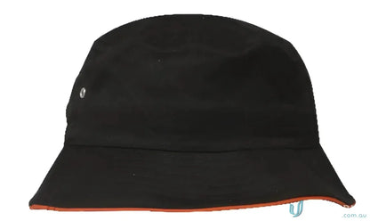Black sport twill bucket hat with orange trim for a cool twill bucket hat look