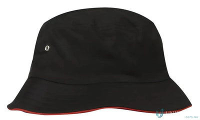 Black bucket hat with red trim from Sports Twill Bucket Hat collection, stylish twill bucket hat