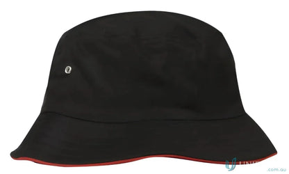 Black bucket hat with red trim from Sports Twill Bucket Hat collection, stylish twill bucket hat